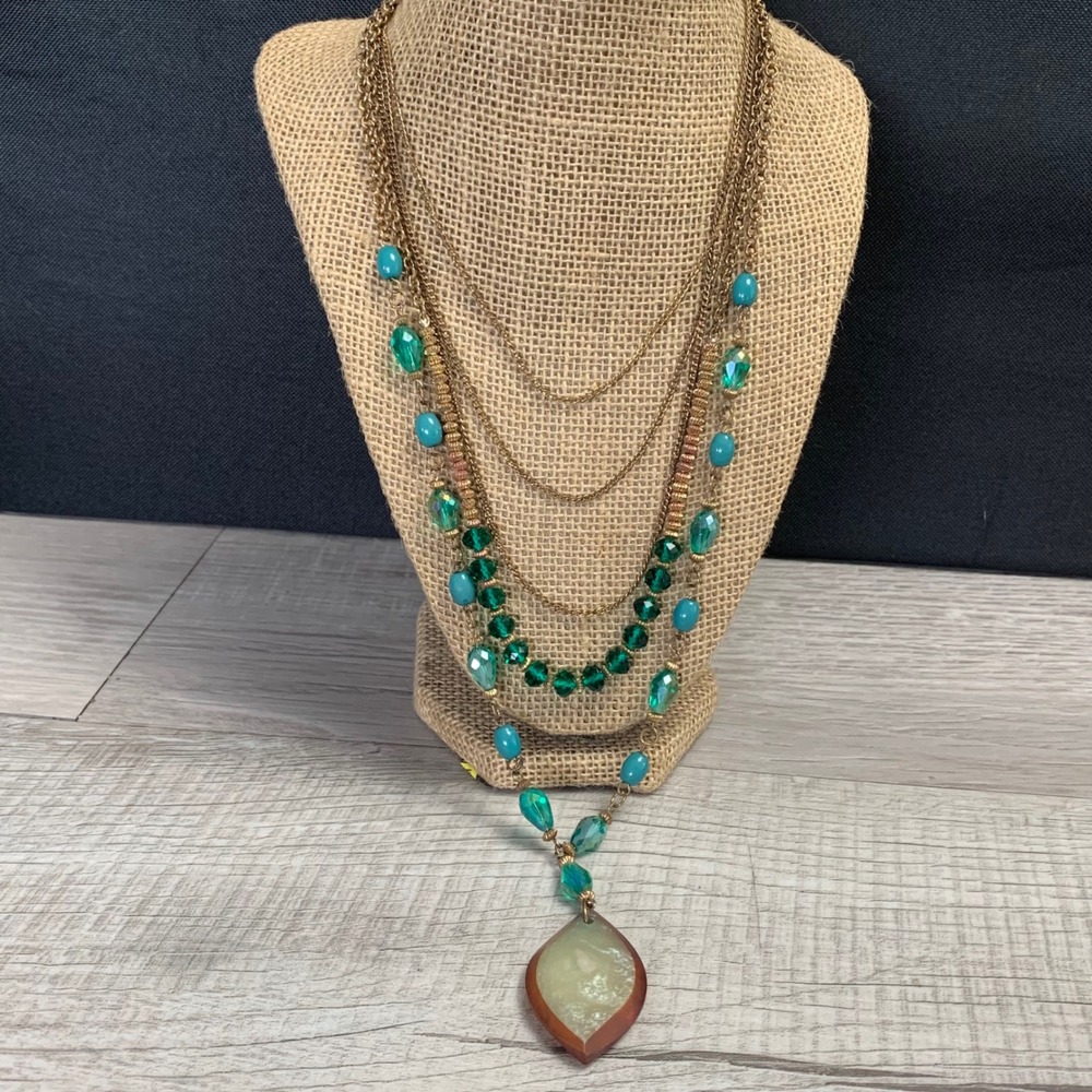 Bohemian Multi Strand Layered Necklace Turquoise Green Beads Gold Tone 16in